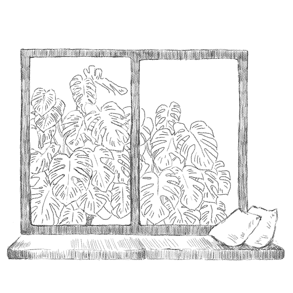 Black and white drawing of a windowsill