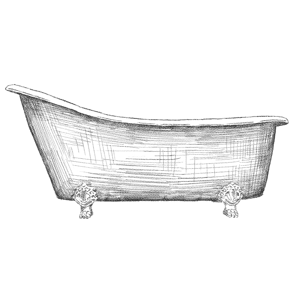 Black and white drawing of a bathtub