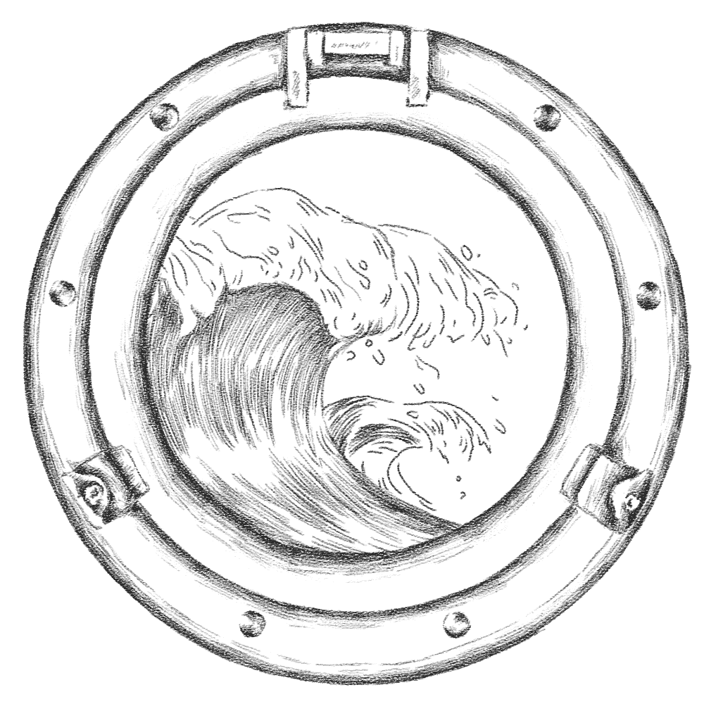 Black and white drawing of porthole with a wave
