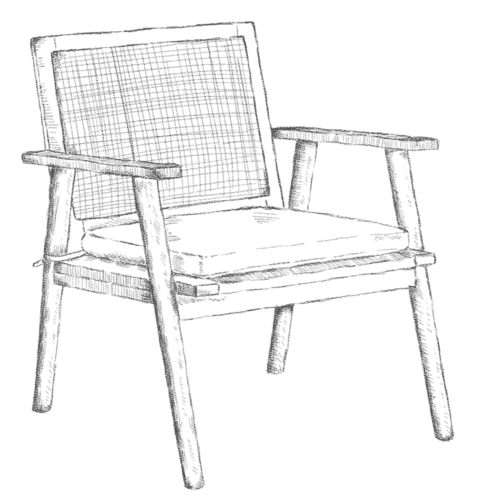 Black and white drawing of a wicker chair