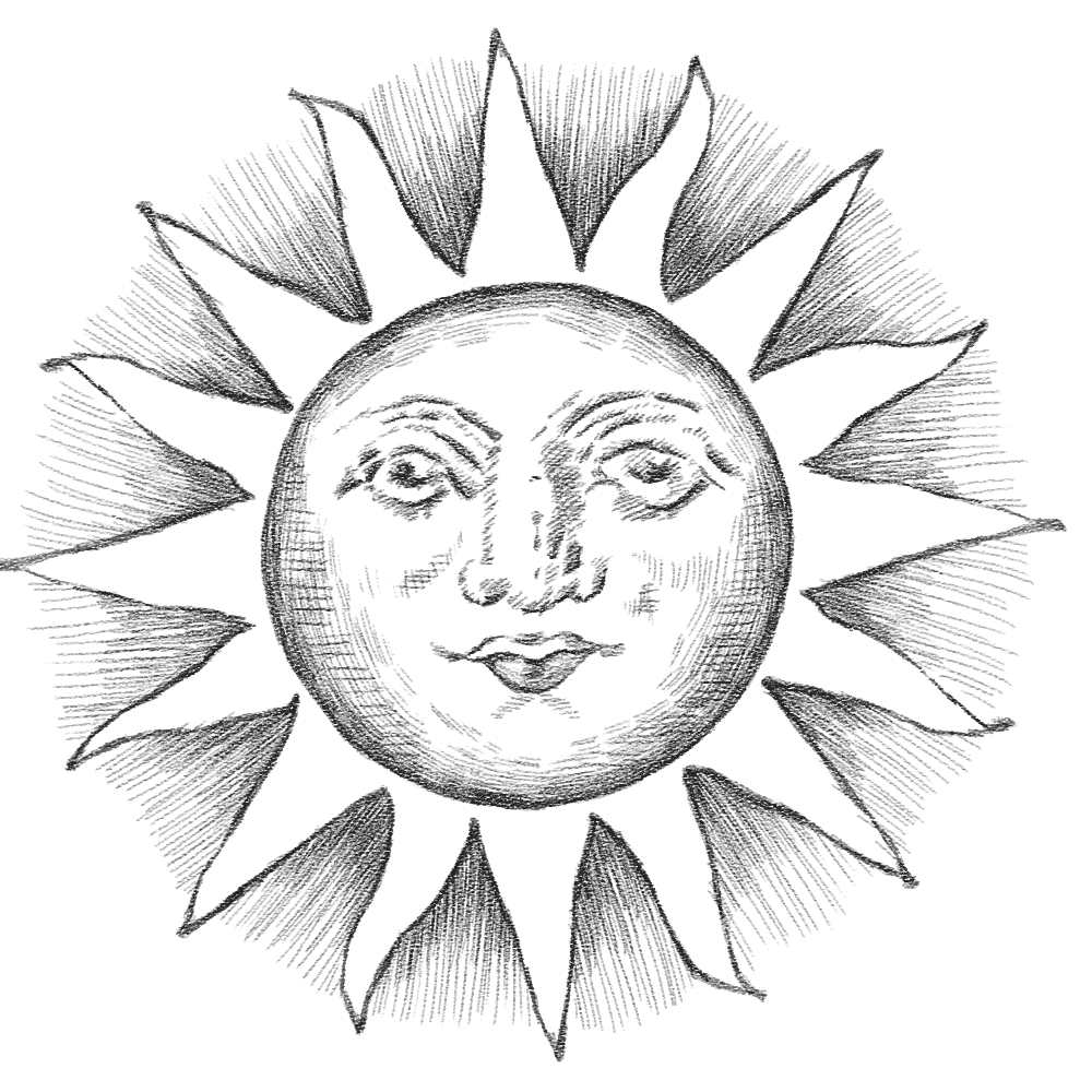 Black and white drawing of the sun with a face