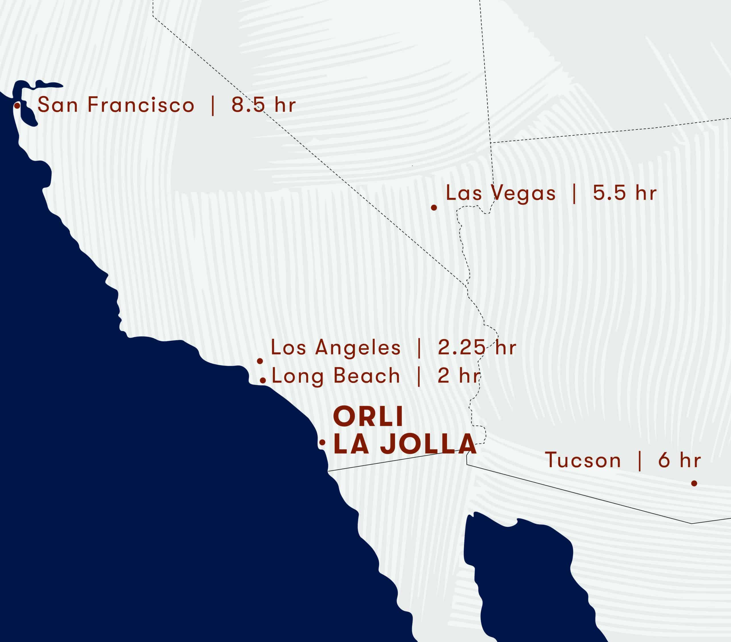 map graphic of orli location and close attractions . los angeles 2.25hrs away long beach 2hrs away san fransisco 8.5hrs away las vegas 5.5hrs away tuscon 6hrs away