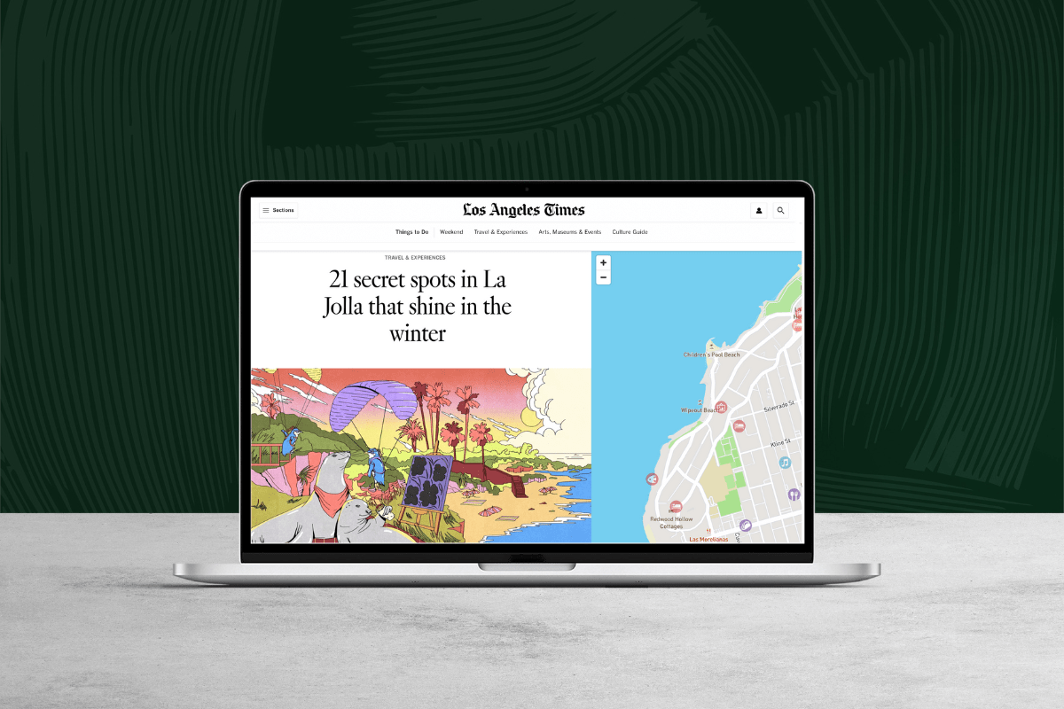 Modern laptop mockup showing a travel blog layout with illustrated city artwork and a location map interface.