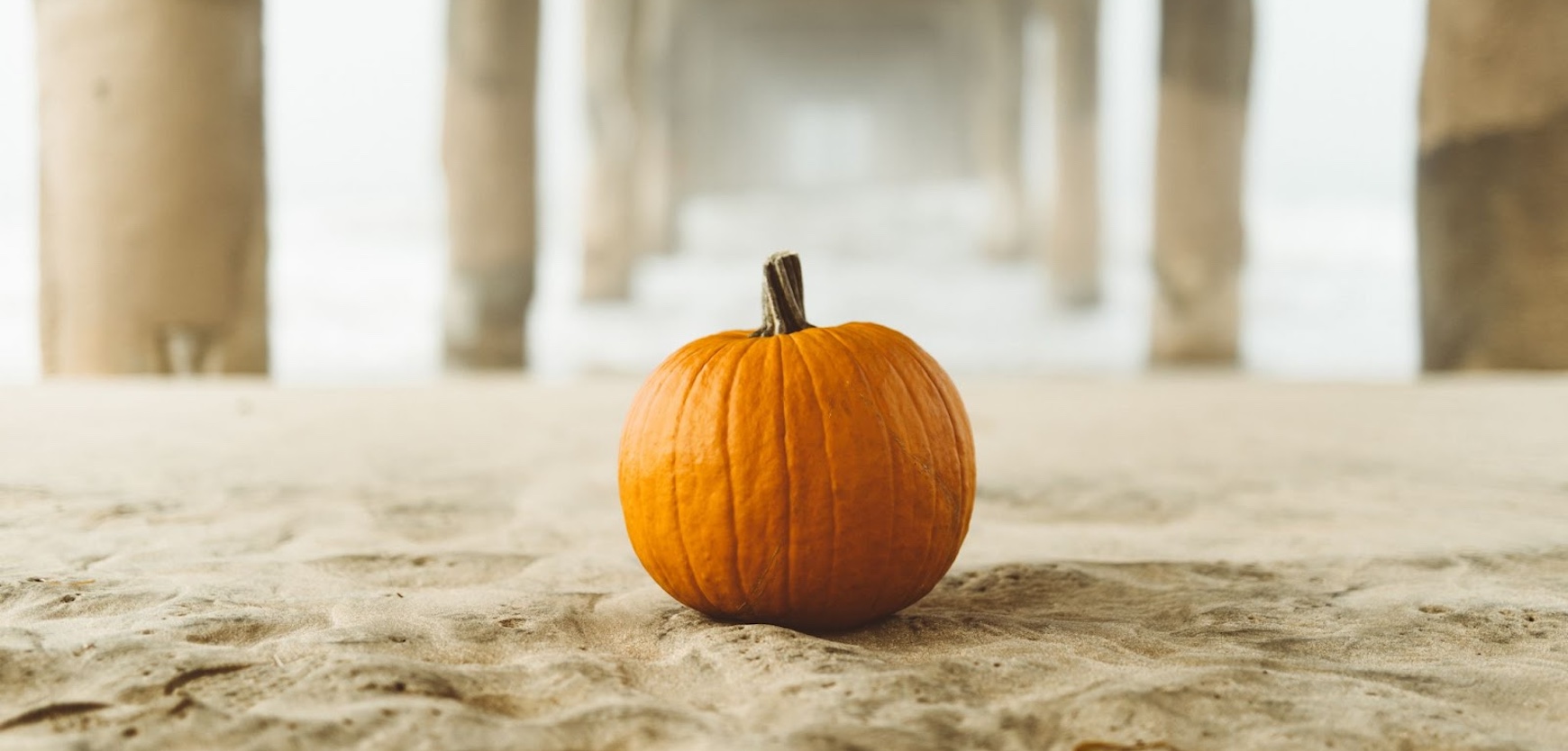Small pumpkin resting on sandy beach beneath a pier, blending autumn seasonal décor with a coastal setting