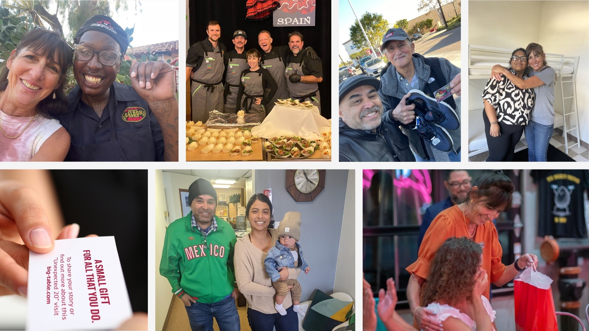 Photo collage showing community moments including food service, volunteering, families, and shared experiences