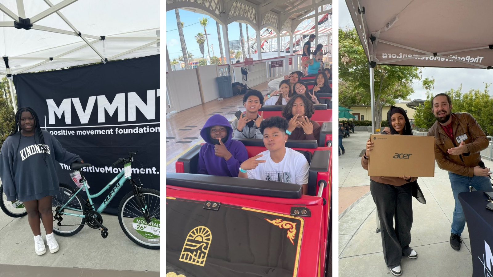 Collage of community outreach moments featuring people at an event booth, a group riding an amusement attraction, and volunteers distributing donated items