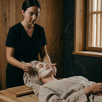 Spa practitioner applying a facial treatment to a relaxed client lying on a treatment bed in a calm, wood-paneled room
