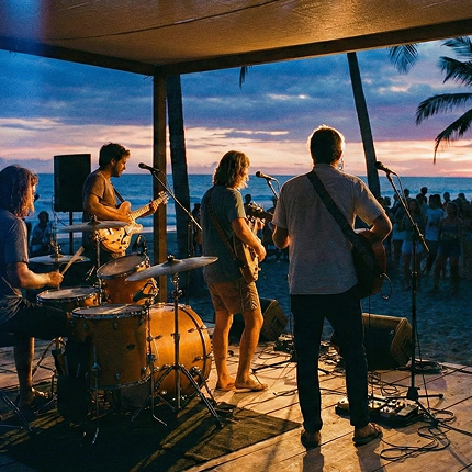 Four band members standing together outdoors at dawn, silhouetted against a soft early-morning sky.