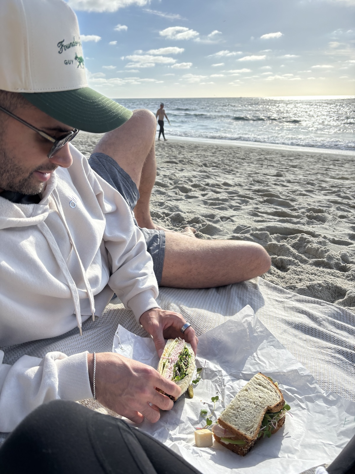 Person sitting on a beach blanket eating a sandwich while looking toward the ocean under a partly cloudy sky, with waves and another person walking along the shoreline in the background.